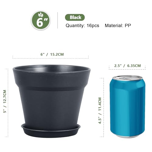 Meowell 6 inch Nursery Pots, 16 Pack Plastic Plant Pots for Indoor Outdoor Plants, Flower Pots with Drainage Holes and Saucers, Decorative Seedling Starter Planters for House Plants, Black - color: Black, size: 6inch 16pcs