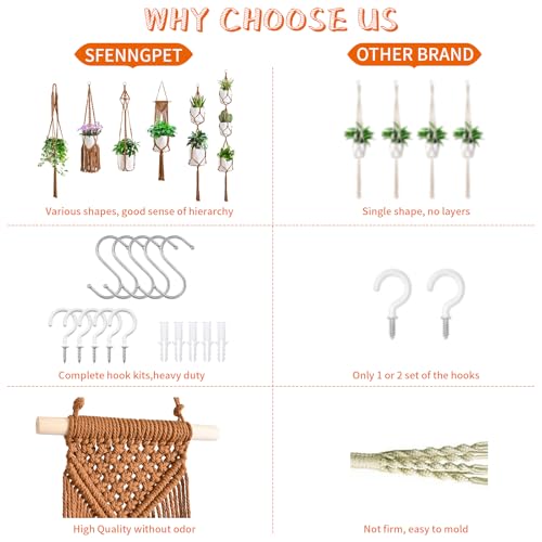 SFENNGPET Macrame Plant Hangers, 6Pack Hanging Planters for Indoor Plants - color: Caramel