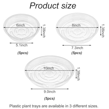 15 Pack Plant Saucers, HOMENIANG 15Pcs Clear Plant Saucer Drip (6inch / 8inch / 10inch), Flower Pot Trays, Plant Drainage Trays for Indoor Outdoor Garden Plants, 5 Pieces of Each Size - size: 6,8,10 Inch/15pcs