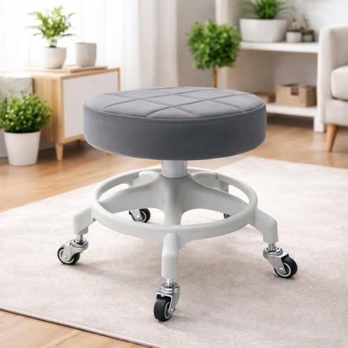 Upgraded Low Rolling Stool with 360° Smooth&Quiet Bearing Rubber Wheels, Heavy-Duty 450lbs Mechanic Rolling Seat for Salon, Workshop, Garage, Waffe Anti-Tip Matte Grey Seat White Base - color: Matte Grey Seat & White Base
