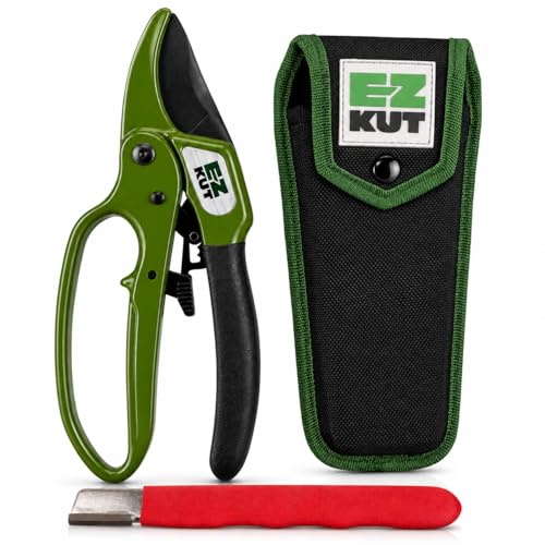 EZ Kut Heavy Duty Ratcheting Pruning Shears Green with Holster and Sharpener, Garden Hand Pruner with Ballistic Nylon Sheath, Arthritis Friendly Anvil Clippers for Thick Branches Cuts Up to 1.5 Inches - color: Gren Pack