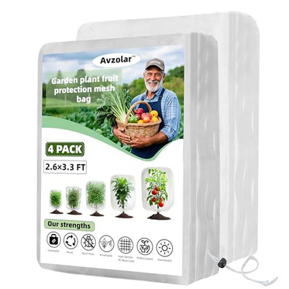4 Pack Garden Netting Pest Barrier with Drawstring - White Breathable Mesh Insect Protection Cover for Tomatoes, Vegetables, Blueberry Bushes (3.3Ft x 2.6Ft) - size: 2.6 x 3.3 FTx 4Pcs