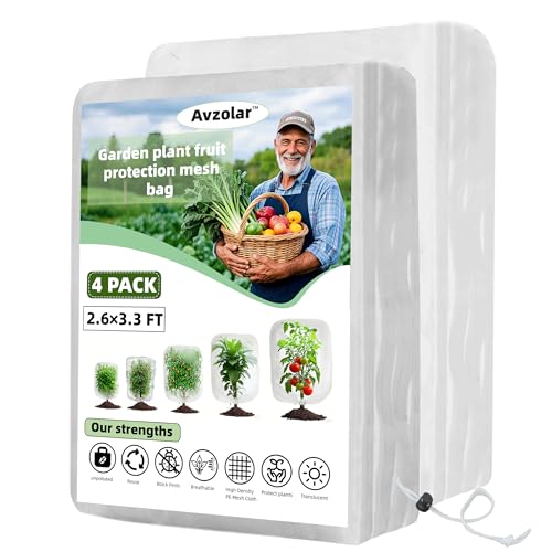 4 Pack Garden Netting Pest Barrier with Drawstring - White Breathable Mesh Insect Protection Cover for Tomatoes, Vegetables, Blueberry Bushes (3.3Ft x 2.6Ft) - size: 2.6 x 3.3 FTx 4Pcs