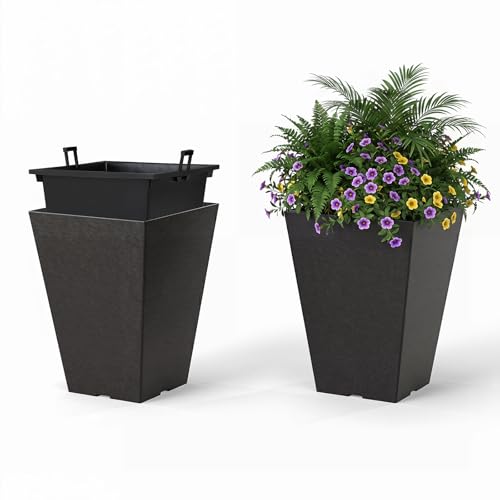 GIANTEX Square Taper Planter Set of 2, Self-Watering Flower Pots, Black - color: Black, size: 10"x10"x14"
