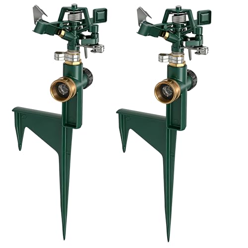 Hourleey 2 Pack Impact Sprinklers for Yard, Adjustable Pulsating Water Sprinkler Head on Step Spike, Zinc Alloy Lawn Sprinkler for 360 Degree Large Area Patio Garden Irrigation