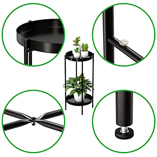 2 Tier Plant Stand Indoor Outdoor - 10.5in Width 24in Tall Flower Pot Rack - color: Black