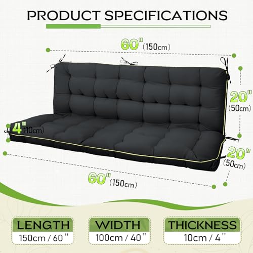 Oxford Fabric Swing Cushions with Backrest & Tie Straps for Patio Bench - color: Black