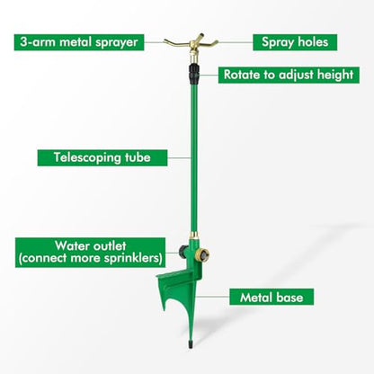 RESTMO 2 Pack 3-Arm Sprinklers for Yard with Adjustable Telescoping Base - size: 2 Pack