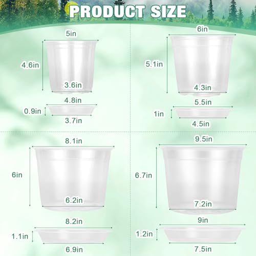 RAOOKIF 10/8/6/5 Inch Clear Nursery Pots with Drainage Hole and Saucers, 12 Pack Large Nursery Pots for Plants for Indoor Outdoor, Plastic Clear Plant Pots for Flowers, Succulents, Vegetables - size: 5/6/8/10inch-12pcs
