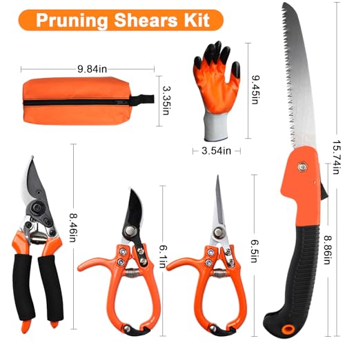 6Pcs Pruning Shears Set with Bypass Pruning Shears, Garden Scissors, Pruning Snips,Saw,Gloves,Storage Bag,Handheld Garden Shears Set for Plant