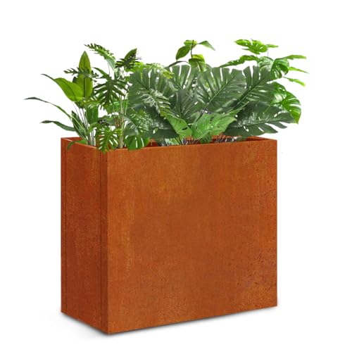 Metal Tall Long Planter Box Large Rectangular Planter Flower Pot with Drainage Holes for Indoor Outdoor Deck Porch Garden Home Patio Front Door (Rusty Orange, S) - color: Rusty Orange, size: Small