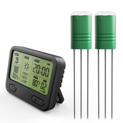 Nexuslab Wireless Soil Moisture Meter with LCD Receiver – 3‑Probe 3‑in‑1 Sensor (Moisture, Temperature, Light), 230 ft RF Range, Waterproof, Long Battery Life for Indoor/Outdoor Plants and Gardens - size: Main Unit + 2 Sensors