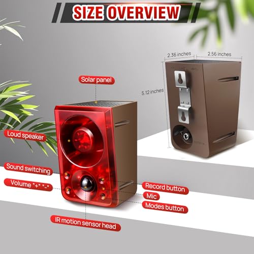 Solar Outdoor Motion Sensor Alarm, Dog Barking&Gunshot Sound,130db Loud - color: Red+Brown