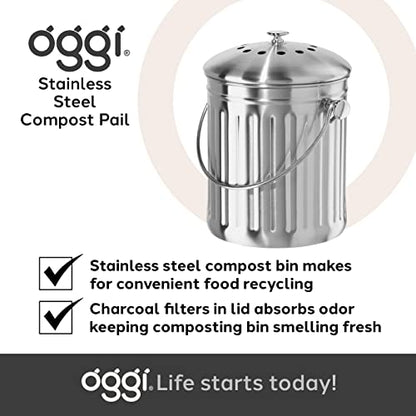 OGGI Countertop Compost Bin with Lid-1 Gallon Indoor Compost Bin w/Charcoal Filter, Stainless Steel Compost Container, Ideal Kitchen Compost Pail, Eco Friendly Products