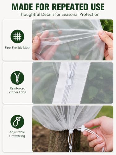 Garden Bird Netting for Insects, 2 Pack 6.5X5.7FT, Fruit Tree Netting with Zipper & Drawstring, Ultra Dense Mesh Plant Covers for Blueberry Tomato Cherry Peach Apple Trees Pest Barrier (6.5X5.7FT)