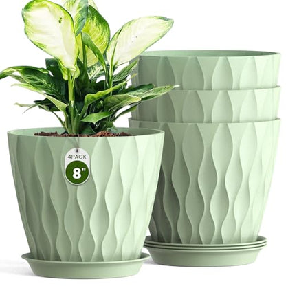 8 Inch Plant Pots 4 Pack Plastic Planters with Drainage & Saucers - color: Green