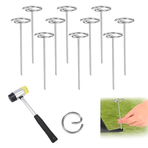 Landscape Fabric Pins Rug Stakes - 11-Pack Heavy Duty 6" G-Shaped Garden Staples with Dual Head Hammer for Outdoor Carpet, Weed Barrier, Tarps and Ground Cover