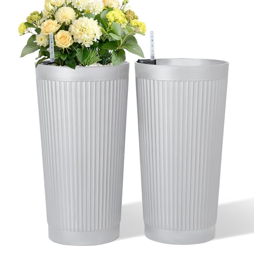 TUYOHW Set of 2 Large Round Tall Planter for Indoor or Outdoor 24" Flower Pots for Porch, Patio, Backyard, Large Planters for Outdoor Indoor Plants - color: Round Ribbed White