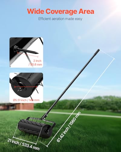VEVOR Rolling Lawn Aerator, 21-inch Heavy-Duty Manual Rolling Aerator Lawn with Detachable Handle and 33 Iron Spikes, Rolling Lawn Aeration Tool for Garden Patio Yard Compacted Soils and Lawns, Black - size: 21-inch, style: Rolling