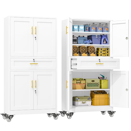 erosoei 75" H Metal Garage Storage Cabinet, Rolling Tool Cabinet - color: White, size: 75"-Drw