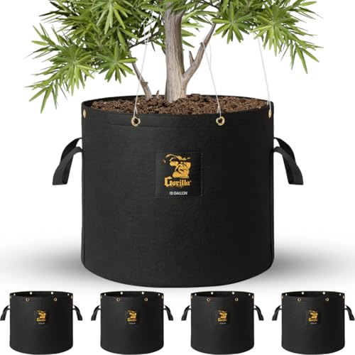 Gorilla 10 Gallon Grow Bags with Reinforced Handles – Thickest 600g, Breathable, BPA-Free Fabric Pot for Garden or Outdoor Planter Use, Promotes Root Health & Drainage – 4-Pack - size: 10 Gallon