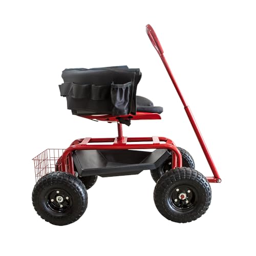 THUNDERBAY Garden Cart Rolling Workseat with Wheels, 360 Degree Swivel Seat, Wagon Scooter with Steering Handle & Utility Tool Tray for Planting, with Storage Basket and Tool Pouch, Red - color: Red