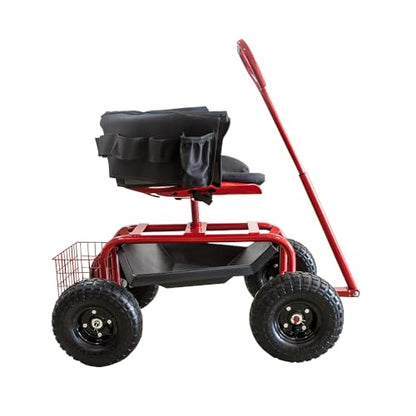 THUNDERBAY Garden Cart Rolling Workseat with Wheels, 360 Degree Swivel Seat, Wagon Scooter with Steering Handle & Utility Tool Tray for Planting, with Storage Basket and Tool Pouch, Red - color: Red