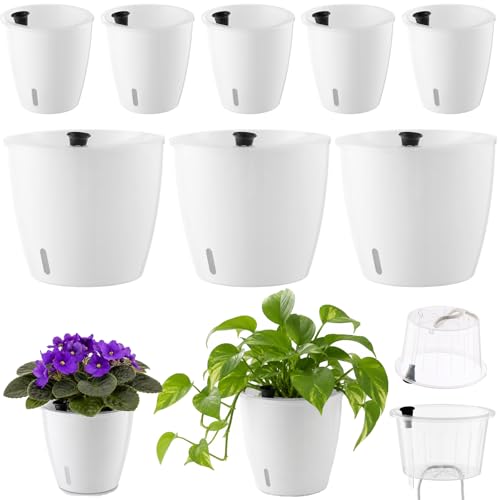 Upgraded Self Watering Pots for Indoor Plants, 8-Pack 5/6.7 Inch Top-Fill Self Watering Planter with Water Window, Clear Wick Inner Basket with Drainage, White (5 Pcs 5" and 3 Pcs 6.7") - color: White, size: 5/6.7 Inch/8 Packs