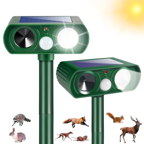 Solar Animal Repellent Outdoor Sonic Fortress Pro Deer Repellent Devices,Waterproof Ultrasonic Deterrent with Motion Activated & Light for Cat Raccoon Rabbit Fox Deterrent for Chicken Coop Yard,2 Pack