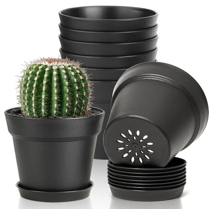 T4U Small Plant Pots 4 Inch 8 Pack, Plastic Indoor Flower Pots Saucer Black - color: Black, size: 4 inch
