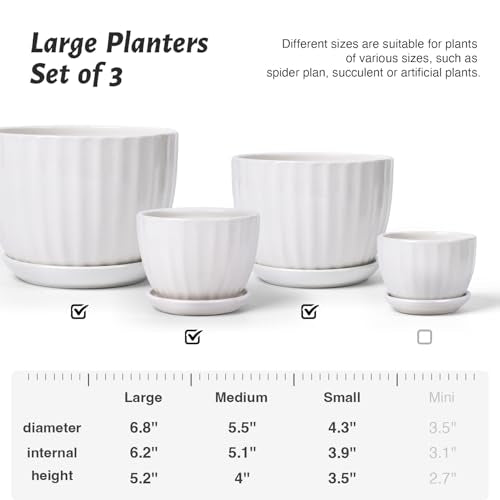 STHIE 4/5/6 Inches White Ceramic Plant Pots with Drainage Holes and Saucer - color: White-big Size