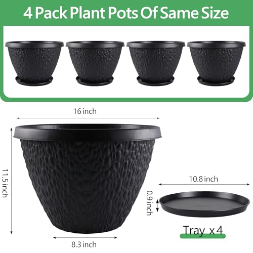 Nooulap 16 inch Plant Pots, Large Outdoor Planters, 4 Pack, Black - color: Black Pebbles, size: 16 inch