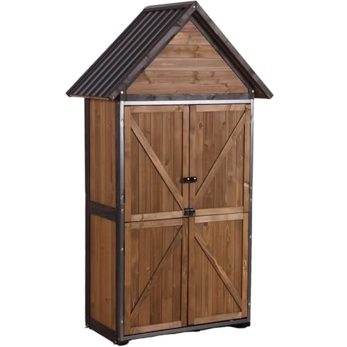 GUTINNEEN Outdoor Storage Cabinet, Upgraded with Durable Front Metal Frame Garden Shed Tool Storage Cabinet with Wooden Floor Adjustable Shelfs 2.5 x 1.4FT （Brown） - color: Brown