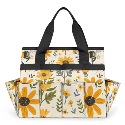 Bee Flower Garden Tool Bag for Women Waterproof & Reusable Heavy Duty Gardening Tote Storage Organizer Toiletry Bag with 10 Pockets for Garden Lawn Yard Casual Camp - color: Bee Flower