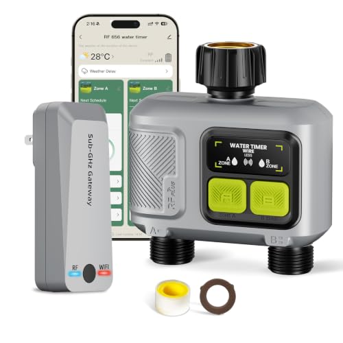 WiFi Water Timer 2 Outlet for Garden Hose, Smart Sprinkler Controller with 984ft RF Range, Smart Lawn Watering System Irrigation Timer, APP/Voice Control, Rain Delay, Manual Irrigation - size: 2 Outlet