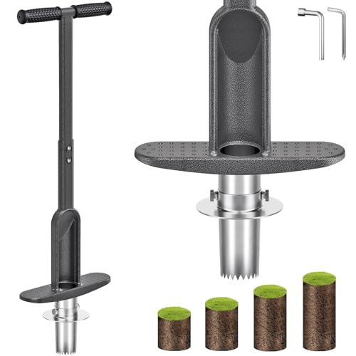 Dolibest Bulb Planter Tool w/Soft Grip, Grass Plugger Tool w/Stainless Steel Sharp Serrations, Depth Adjust Pre-Assembled Sod Plugger w/Centre Auto Dump Design for Lawn Planting Bulbs and Grass Repair - color: Black B- 3-6'' depth adjustable