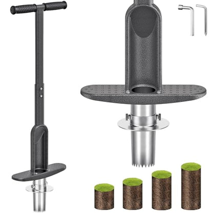 Dolibest Bulb Planter Tool w/Soft Grip, Grass Plugger Tool w/Stainless Steel Sharp Serrations, Depth Adjust Pre-Assembled Sod Plugger w/Centre Auto Dump Design for Lawn Planting Bulbs and Grass Repair - color: Black B- 3-6'' depth adjustable