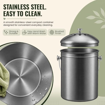 Epica Kitchen Compost Bin for Kitchen Countertops, 1.3 Galllon - Grey - color: Gray