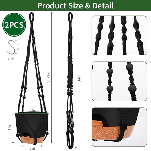 GARDIFE 8 Inch Hanging Planters with Macrame Plant Hanger for Indoor and Outdoor Plants, 2 Pack Large Self Watering Hanging Plant Pot with Basket Flower Pot with Drainage Hole, Black - color: 8-black, size: 8 inch|2 pcs