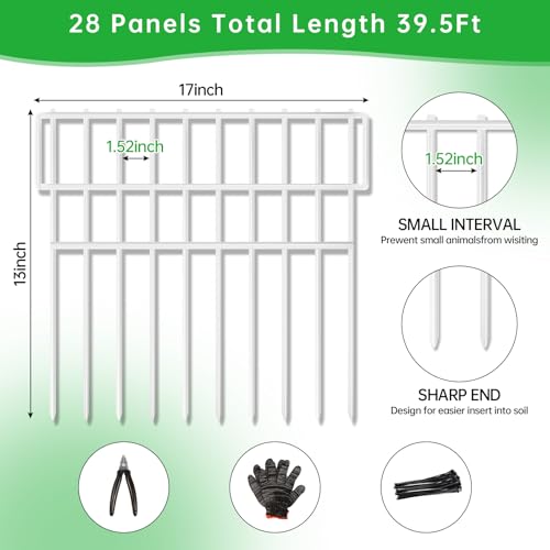 39.5ft(L) X 13in(H) Animal Barrier Fence, 28 Panels No Dig Fence for Dogs, 1.52IN Gap Anti Digging Dog Barrier, Rustproof Metal Garden Edging Border Defense for Outdoor, Yard, Lawn, White - color: White, size: 28 Panels, 39.5FT x 13IN