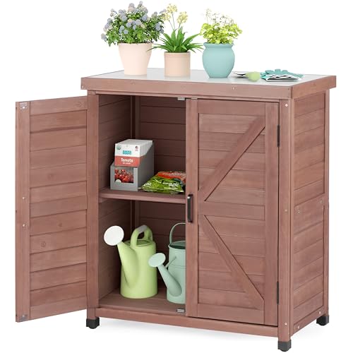 Outdoor Storage Cabinet & Potting Bench Table with Metal Top, Wooden Patio Furniture, Garden Workstation (Royal Brown, 36x31x17in) - color: Royal Brown, size: 36x31x17in