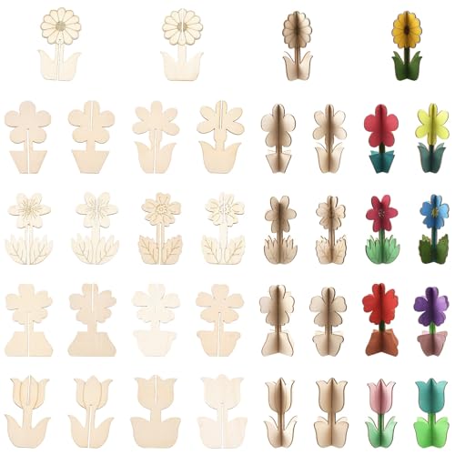 Ipotkitt 36Bags 9 Styles Unfinished Wood Flower Slices Floral Sunflower Wood Crafts to Paint Spring Wooden Table Decorations for Painting Arts DIY Crafts Pyrography Home Decor - color: Unfinished Wood Flower Slices_36bags