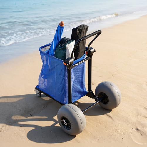 VEVOR Beach Cart with Large Wheels for Sand, 165 lbs Load Capacity, Heavy Duty Folding Beach Wagon with 12" Balloon Wheels, Storage Bag, 180° Adjustable Handlebar, Dolly for Camping Fishing Garden - size: 12" Balloon Wheels