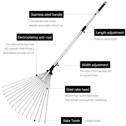 Buyplus Adjustable Garden Leaf Rake - 24 to 63 Inch Telescopic Metal Expandable Folding Leaves Rake, Metal Rake for Leaves, Yard Rakes for Lawn Yard, Flowers Beds, Black