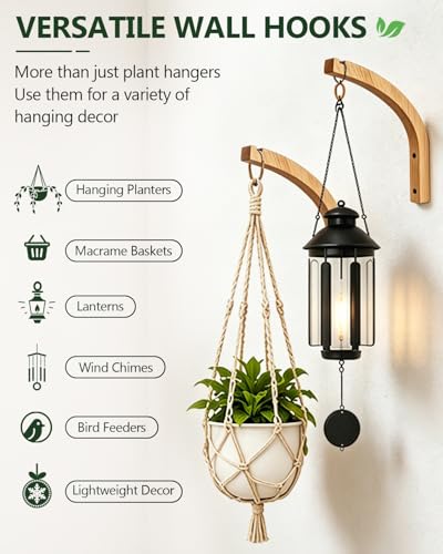 Wooden Plant Hangers - Hanging Plant Hooks for Indoor Outdoor, Wood Hanging Wall Plant Hooks Heavy Duty for Flower Pots Wind Chimes and Bird Feeders(2-Pack,8-Inch) - style: 1-Arc Style(2Pack)