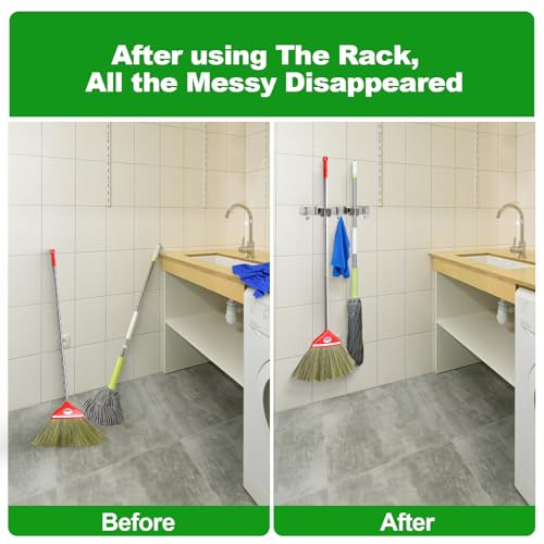 voze 2 Racks and 3 Hooks Mop and Broom Holder Wall Mount, Self Adhesive Heavy Duty Broom Organizer Storage Tool Racks for Kitchen Garden Laundry Garage - color: Black, size: 2 Racks 3 Hooks