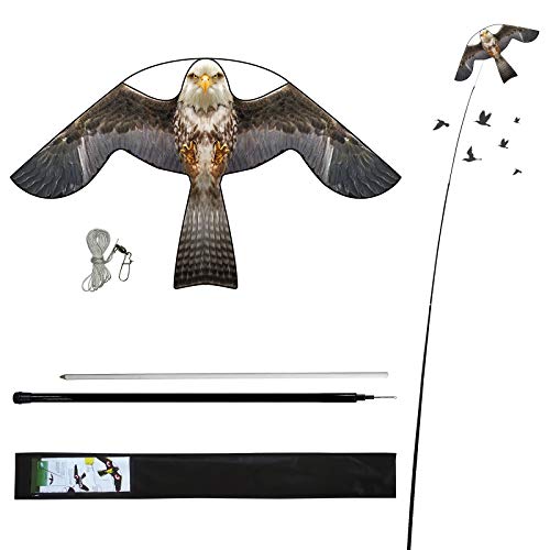 eyijklzo Bird Scarer Hawk Flying Kite with 13ft Telescopic Pole-Grey - style: Grey-with 4m pole