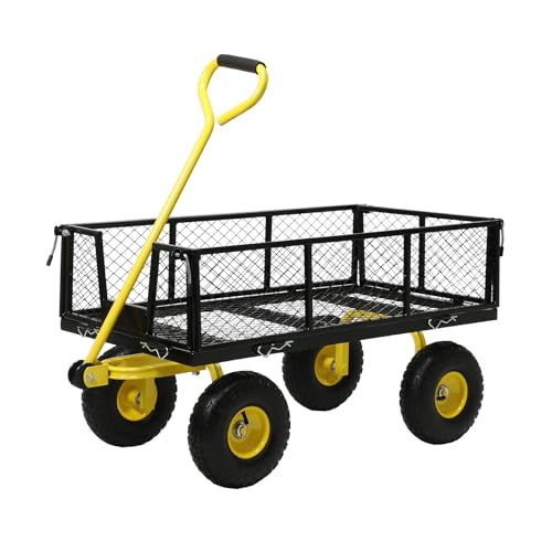 Steel Garden Cart, 2-in-1 Heavy Duty Utility Wagon 900 LBS Capacity Carts with Removable Mesh Sides to Convert into Flatbed, 240° U-Turn 10" Pneumatic Tires Garden Wagon for Lawn Camping Farm Yard - color: Yellow