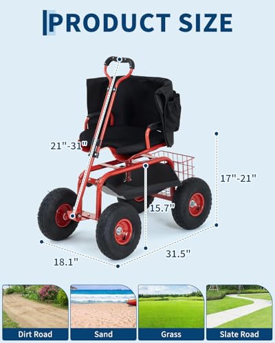 Garvee Heavy Duty Garden Cart, Garden Scooter Rolling Work Seat - color: Red With Back