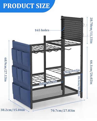 Garden Tool Organizer with Pegboard, Yard Tool Holder Standing for Garage Organization, Up to 30 Long-Handled/10 D-Handled Tools/Rake/Broom/Shovel/, with Side Storage Pocket